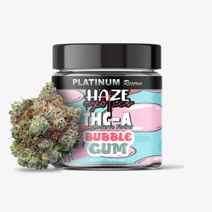 Jar of 'Platinum Reserve' THC-A bubble gum flavor with cannabis buds on a white background