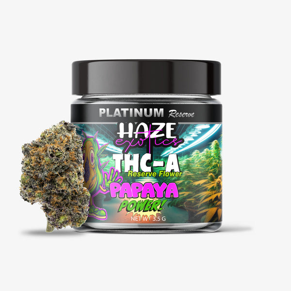 haze exotics platinum reserve thc-a flower papaya power 3.5 gram jar