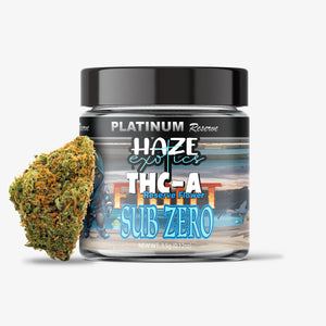 Jar of Platinum Reserve Haze Exotics THC-A flower with cannabis bud on a white background