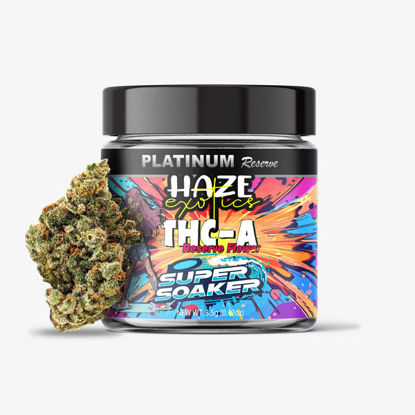 Jar of Platinum Reserve Haze Exotics THC-A Super Soaker with a clump of cannabis next to it on a white background