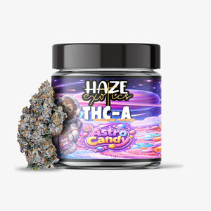 Jar of Haze THC-A Astro Candy with a cannabis bud on a white background