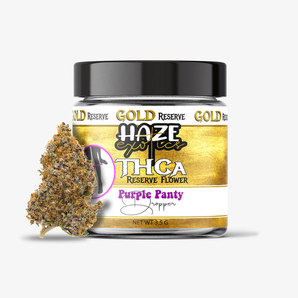 haze exotics gold reserve thc-a flower purple panty dropper 3.5g jar